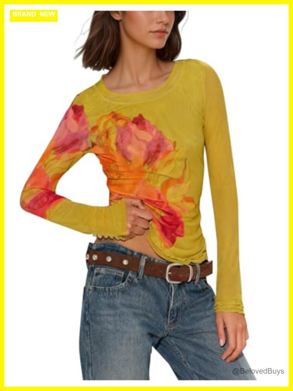 Women's Floral Mesh Long Sleeve Crew Neck Slim Fit Top Y2K Going Out Tee